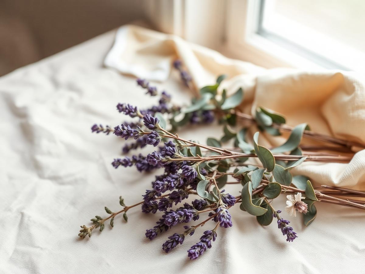 Dried lavender and eucalyptus on soft linen